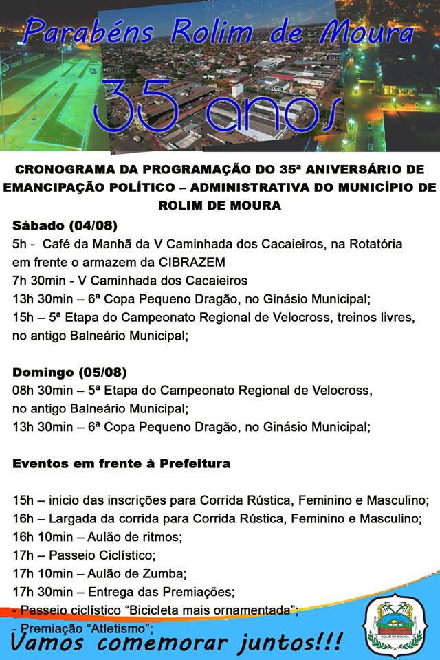 PREFEITURA DE ROLIM DE MOURA DIVULGA PROGRAMAÇÃO DE ANIVERSÁRIO DA CIDADE - News Rondônia