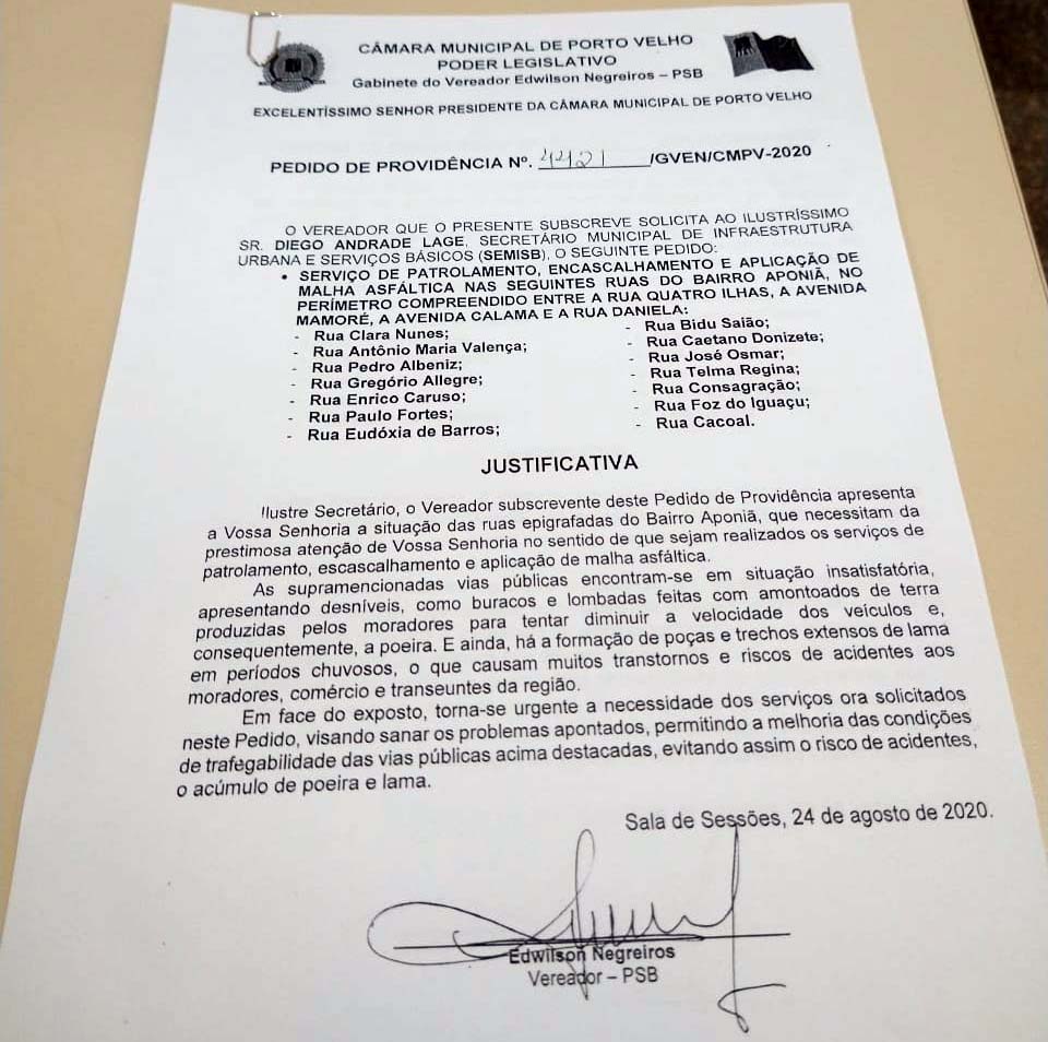 Pedido de Providência de Edwilson Negreiros leva serviços da Prefeitura da Capital a 14 ruas do Bairro Aponiã - News Rondônia