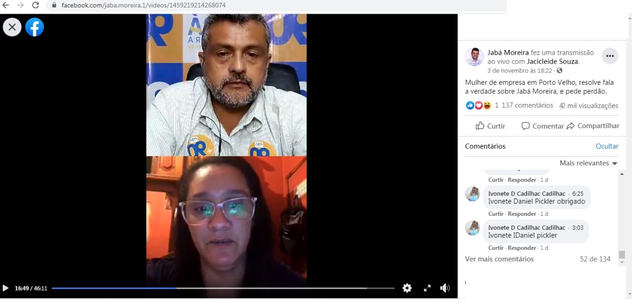 Mulher reconhece erro: diz que mentiu, se retrata e pede perdão publicamente por acusações feitas à Jabá Moreira - News Rondônia