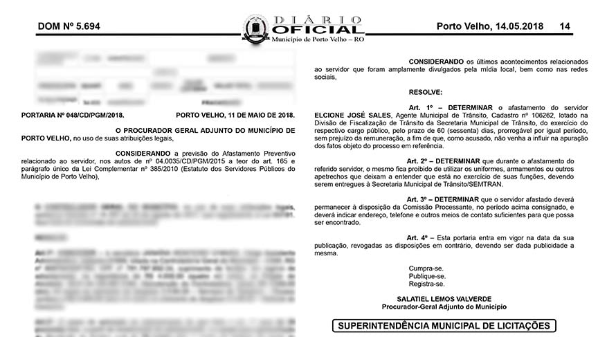 CASO AGENTE DE TRÂNSITO: APÓS REPERCUSSÃO, PROCURADORIA GERAL ADJUNTA DO MUNICÍPIO AFASTA O AGENTE SALES - News Rondônia