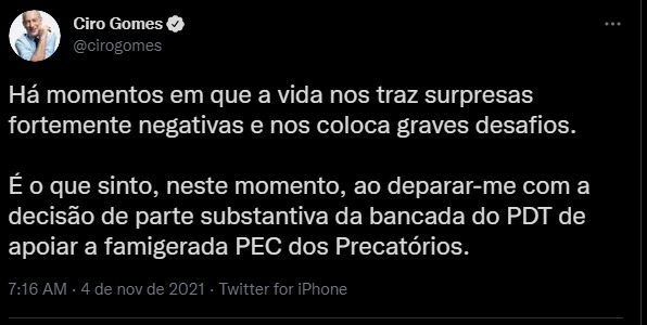 PEC DOS PRECATÓRIOS: Ciro Gomes suspende sua pré-candidatura à presidência e critica voto dos deputados do PDT - News Rondônia