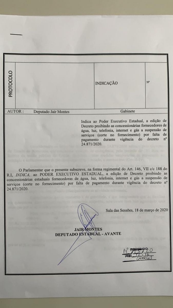 DEPUTADO JAIR MONTES INDICA DECRETO PROIBINDO AS CONCESSIONÁRIAS DE ÁGUA, LUZ, TELEFONIA, INTERNET E GÁS O CORTE NO FORNECIMENTO - News Rondônia