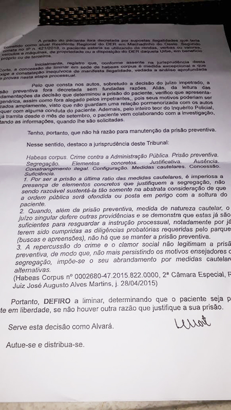 TRIBUNAL DE JUSTIÇA MANDA SOLTAR EX-RESIDENTE DO DER DE MACHADINHO DOESTE - News Rondônia