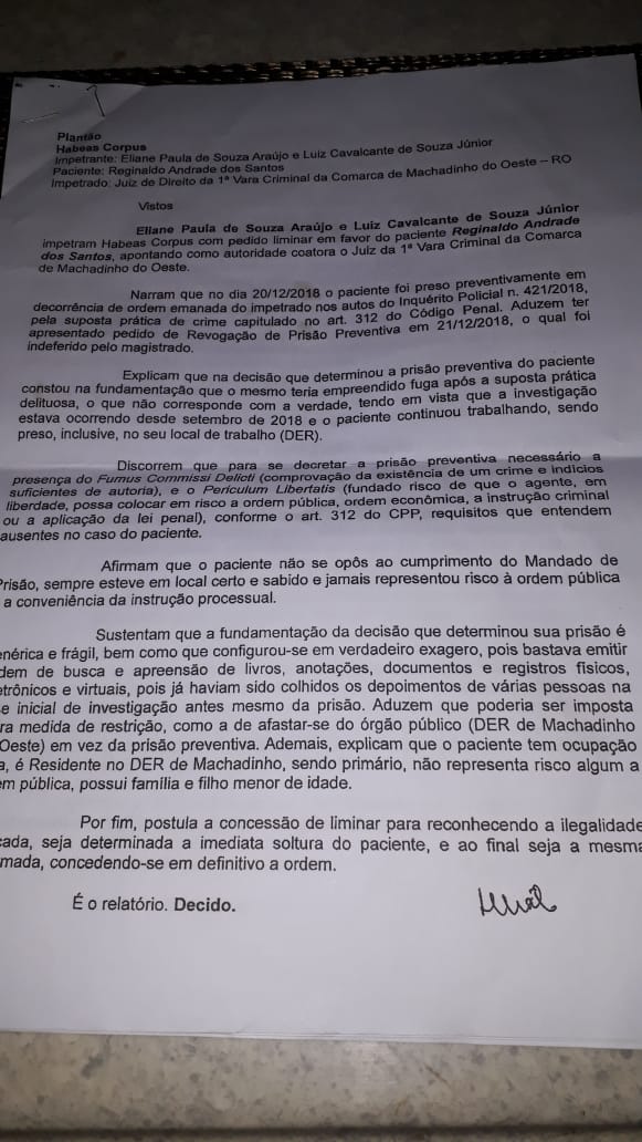 TRIBUNAL DE JUSTIÇA MANDA SOLTAR EX-RESIDENTE DO DER DE MACHADINHO DOESTE - News Rondônia