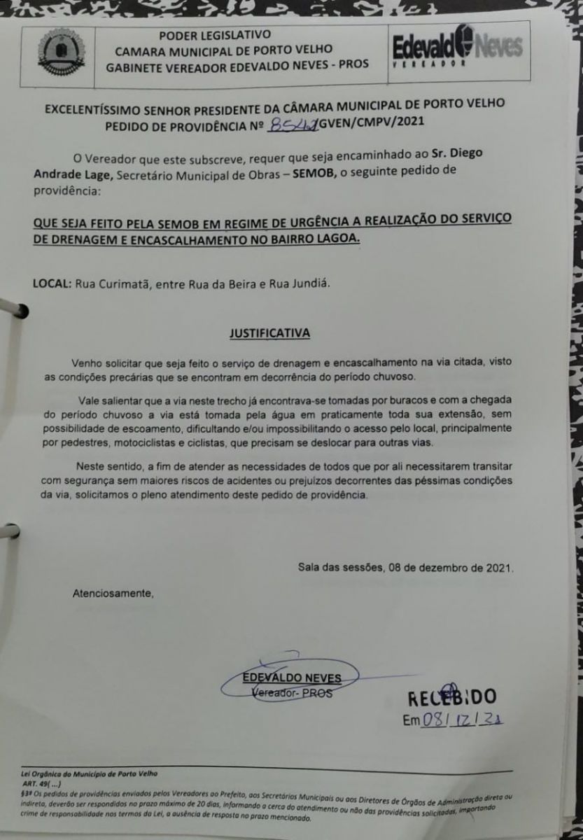 Vereador Edevaldo Neves faz pedido de providência pedindo drenagem e encascalhamento no bairro Lagoa - News Rondônia