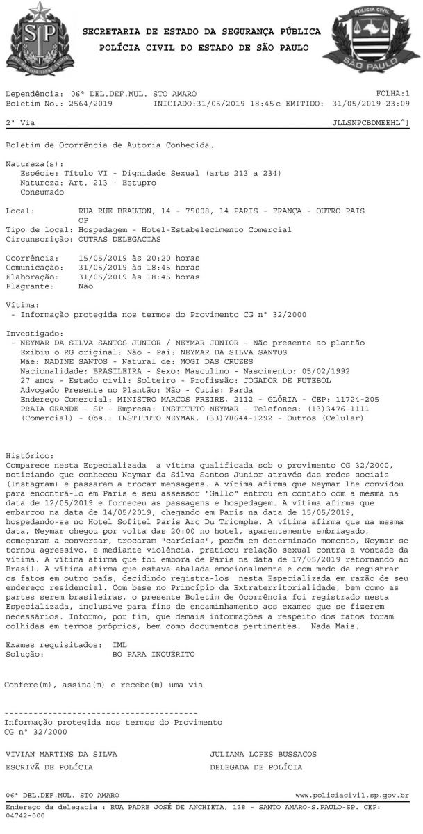 CASO NEYMAR: CONFIRA O QUE DIZ O BOLETIM DE OCORRÊNCIA DE ESTUPRO - News Rondônia