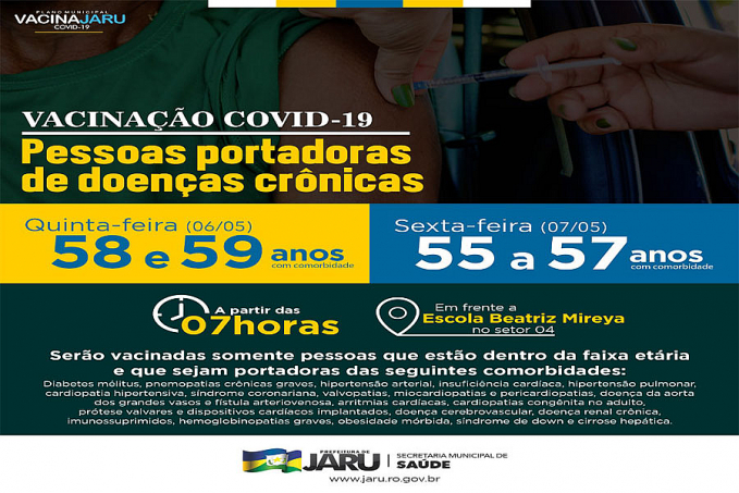 Pessoas portadoras de doenças crônicas com idades entre 58 e 59 anos de idade serão imunizadas contra a Covid-19 na próxima quinta-feira (06) - News Rondônia