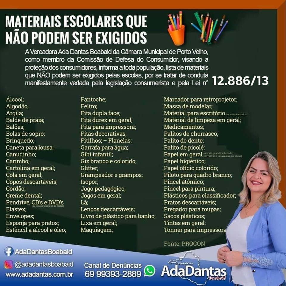 VOLTA ÀS AULAS  VEREADORA ADA DANTAS ALERTA PARA 60 MATERIAIS QUE NÃO PODEM SER EXIGIDOS EM LISTA ESCOLAR - News Rondônia