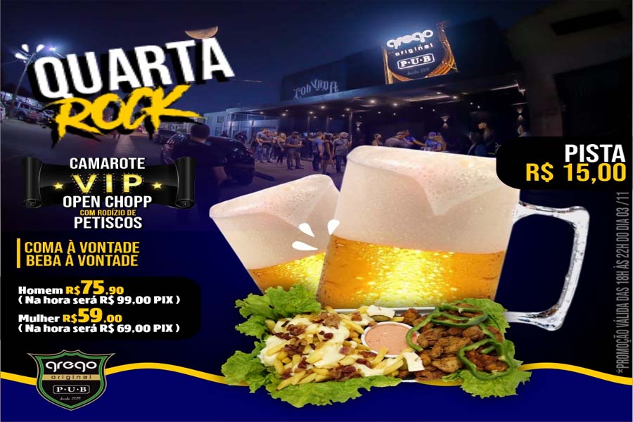 QUARTA - Dia de rock, futebol e Camarote Vip Open Chopp é rodada de petisco no Grego Original - News Rondônia