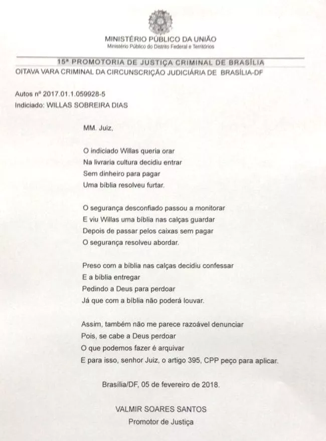 PROMOTOR FAZ POESIA PARA PEDIR ARQUIVAMENTO DE PROCESSO SOBRE FURTO DE BÍBLIA - News Rondônia