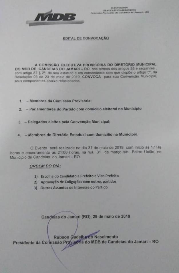 EDITAL DE CONVOCAÇÃO: ELEIÇÕES SUPLEMENTARES DE CANDEIAS DO JAMARI 2019 - News Rondônia