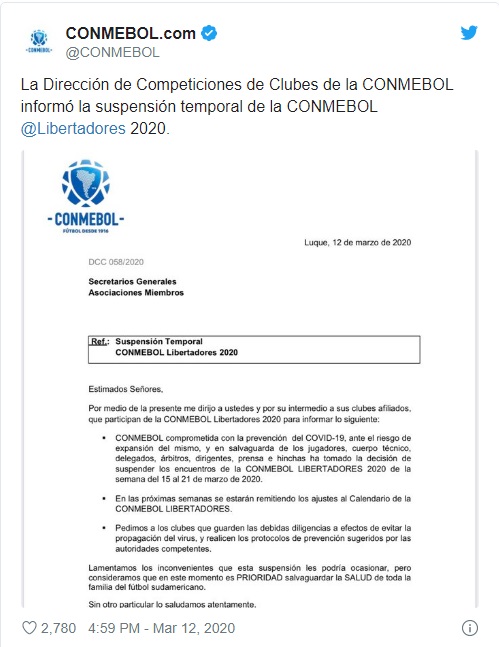 PAUSA: CONMEBOL DECIDE SUSPENDER OS JOGOS DA LIBERTADORES A PARTIR DA PRÓXIMA SEMANA - News Rondônia