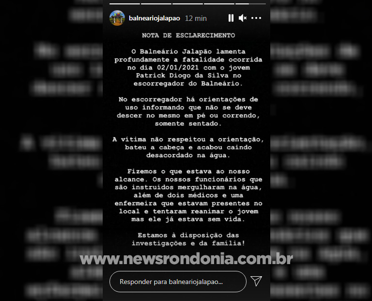 EXCLUSIVO - Balneário Jalapão emite nota e afirma jovem desrespeitou as orientações - News Rondônia