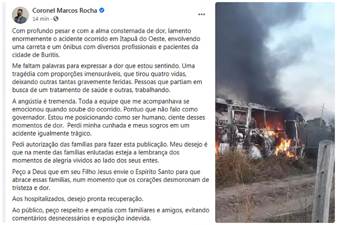 Após repercussão nacional, Rocha se manifesta sobre acidente em Itapuã e pede respeito às vítimas - News Rondônia