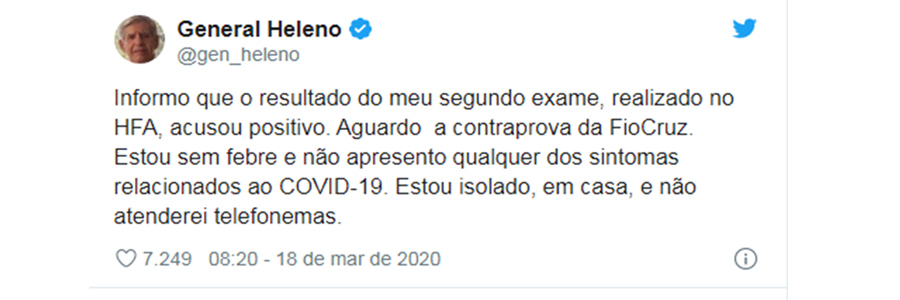 URGENTE: MINISTRO DE BOLSONARO, GENERAL HELENO TESTA POSITIVO PARA CORONAVÍRUS - News Rondônia