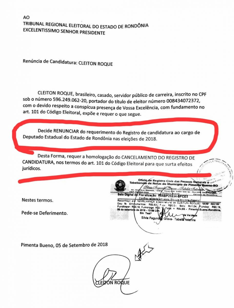 CLEITON ROQUE PROTOCOLA PEDIDO DE RENÚNCIA DE CANDIDATURA - News Rondônia