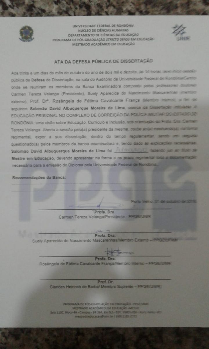 MAIS UM: OFICIAL DA POLÍCIA MILITAR DEFENDE DISSERTAÇÃO DE MESTRADO NA UNIVERSIDADE FEDERAL DE RONDÔNIA - News Rondônia