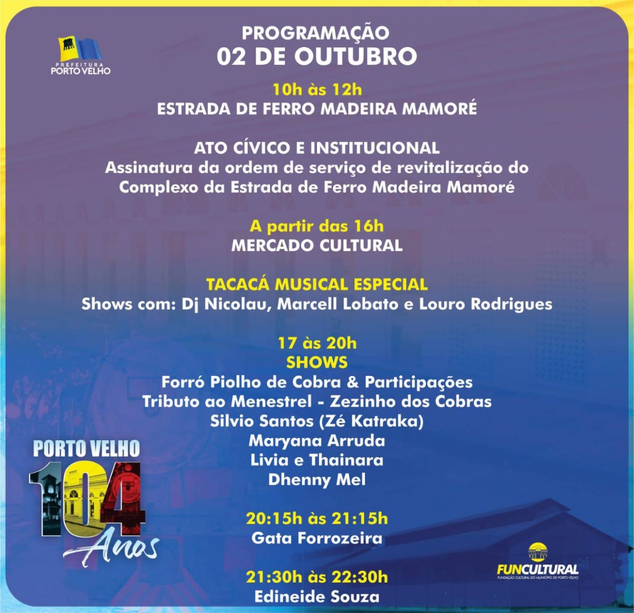 104 ANOS: PROGRAMAÇÃO FESTIVA DO ANIVERSÁRIO DE PORTO VELHO SERÁ NA TERÇA-FEIRA - News Rondônia