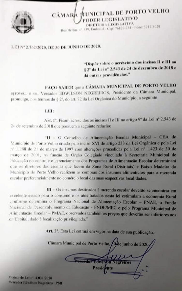 Presidente da Câmara promulga leis da merenda e a que impede cobranças por estimativa patrocinadas pelas concessionárias - News Rondônia