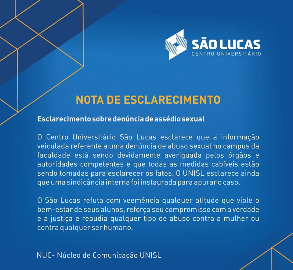 NOTA DE ESCLARECIMENTO - DENÚNCIA DE ASSÉDIO SEXUAL DENTRO DA FACULDADE SÃO LUCAS - News Rondônia