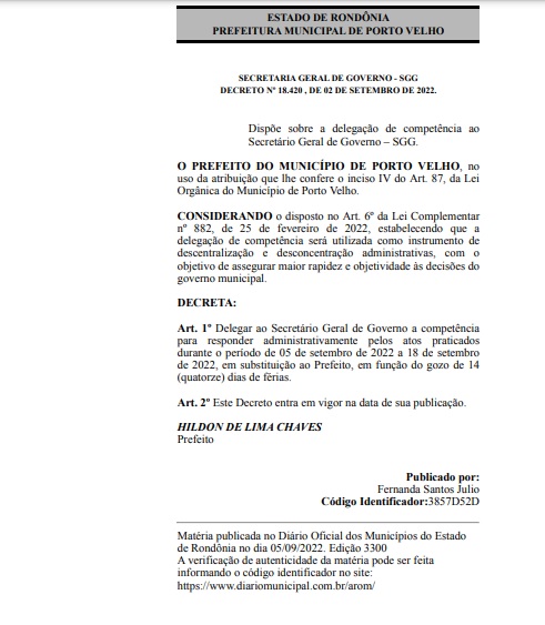 Hildon Chaves sai de férias por 14 dias e Secretário Geral do Governo assume a administração de Porto Velho - News Rondônia