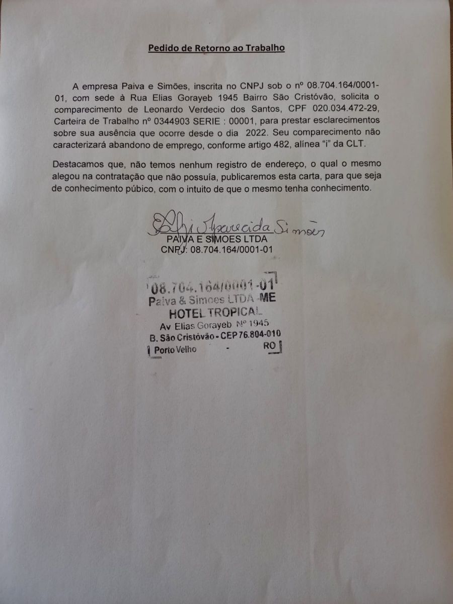 PEDIDO DE RETORNO AO TRABALHO: Leonardo Verdecio dos Santos - News Rondônia