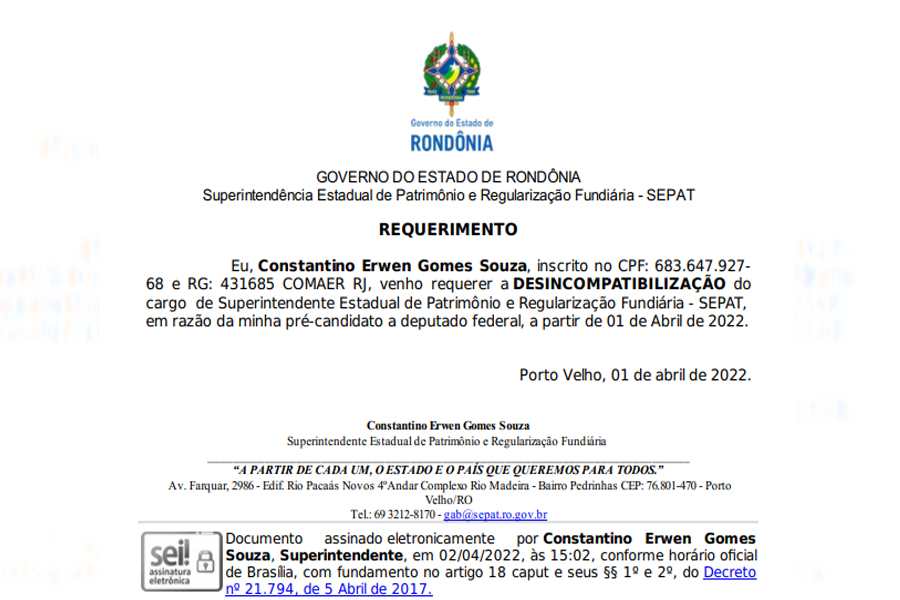 Superintendente da Sepat, Constantino Erwen deixa o governo para concorrer eleições pelo partido AGIR 36 - News Rondônia