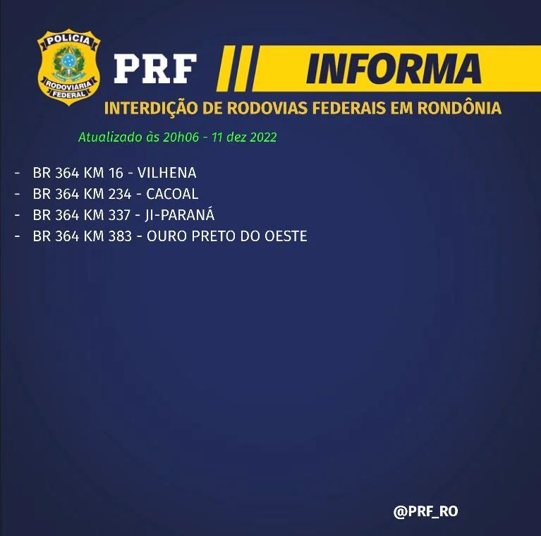 Rondônia possui 4 pontos de bloqueio segundo PRF - News Rondônia