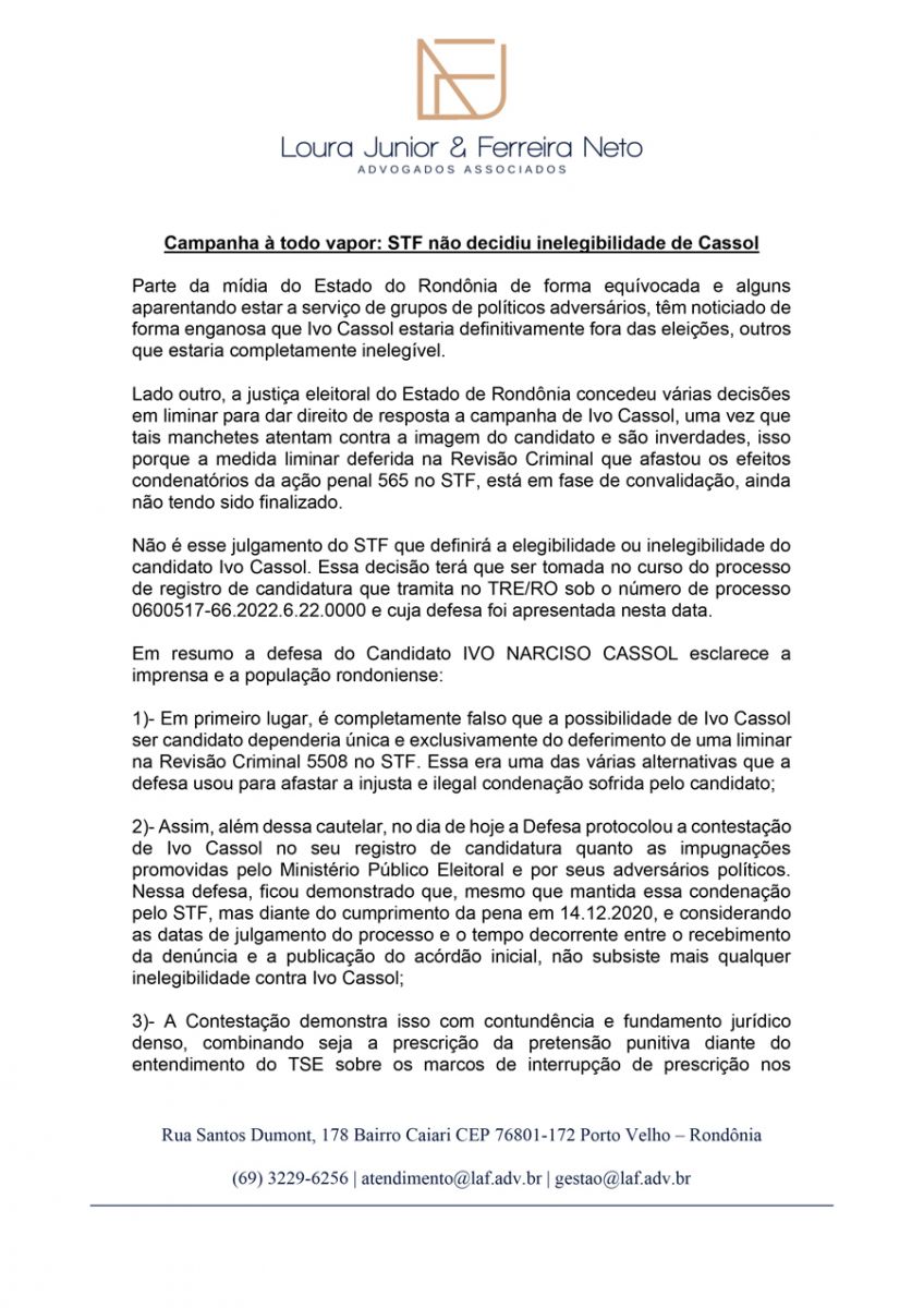 Em nota defesa de Ivo Cassol afirma que ele continua elegível e vai ser o novo governador de Rondônia - News Rondônia