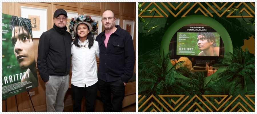 Bitaté Uru-eu-Wau-Wau é fotografado ao lado de Leonardo DiCaprio; encontro aconteceu na apresentação de 'O Território' - News Rondônia
