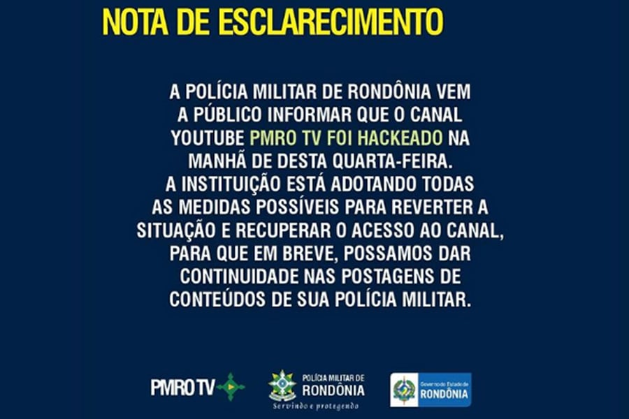 Canal do YouTube da Polícia Militar de Rondônia é hackeado - News Rondônia
