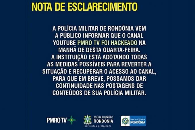 Canal do YouTube da Polícia Militar de Rondônia é hackeado - News Rondônia