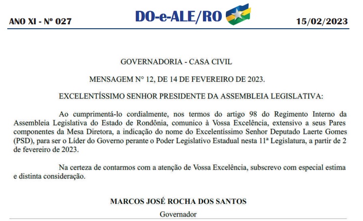 Diário traz oficialização de Laerte Gomes como líder do governo na ALE-RO - News Rondônia