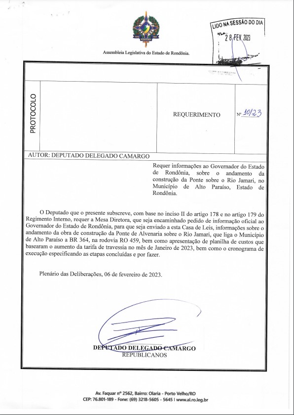 Deputado Delegado Camargo cobra explicações sobre obra da ponte de Alto Paraíso e os motivos para aumento da tarifa da balsa - News Rondônia