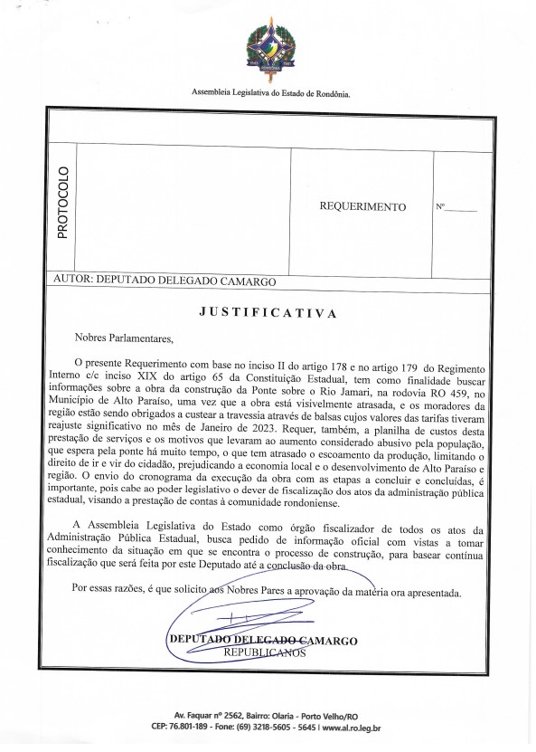 Deputado Delegado Camargo cobra explicações sobre obra da ponte de Alto Paraíso e os motivos para aumento da tarifa da balsa - News Rondônia