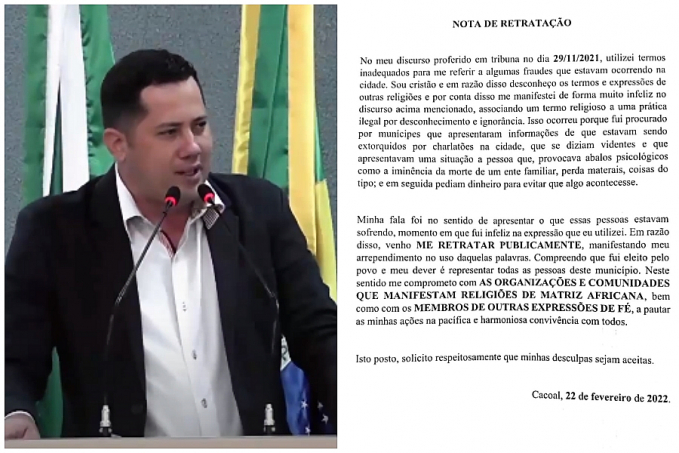 Federação dos cultos religiosos não aceita desculpas do vice-presidente da Câmara de Vereadores de Cacoal - News Rondônia