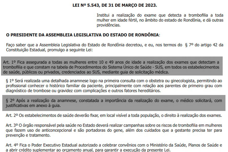 Vetada por Rocha, Lei que assegura às mulheres exame de Trombofilia passa a valer em Rondônia - News Rondônia