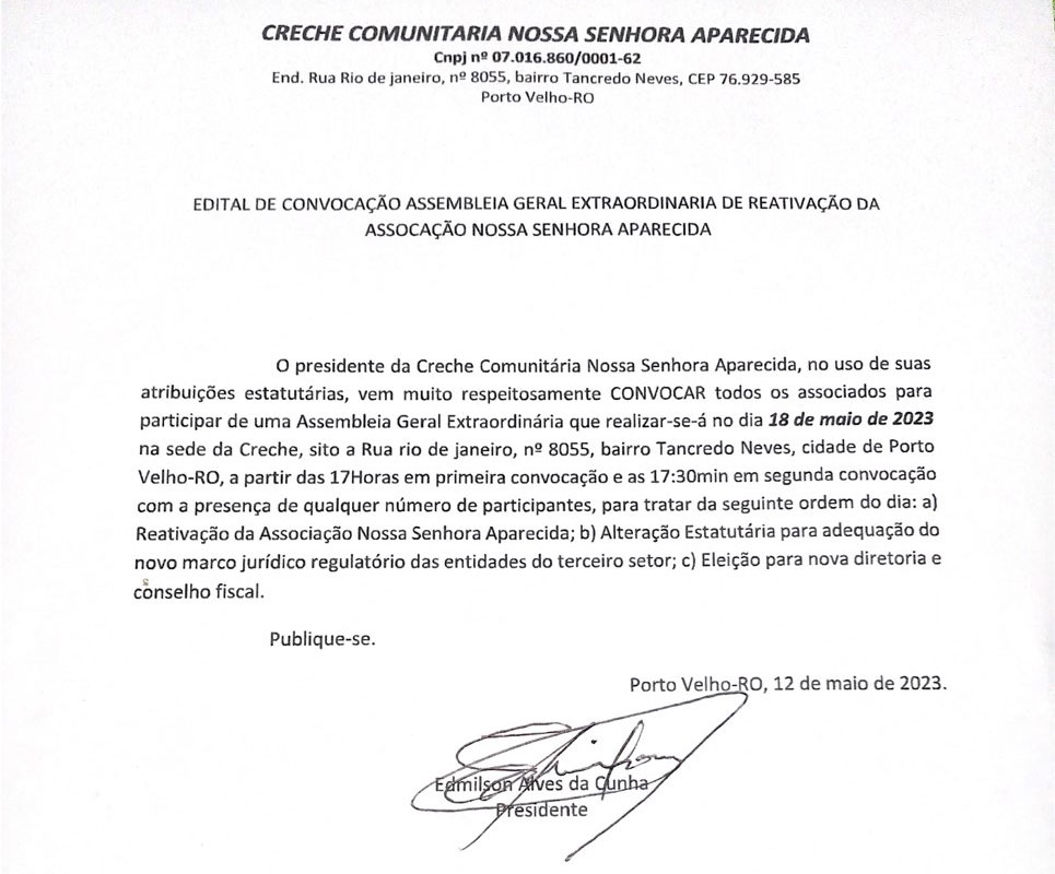 Edital de Convocação - Assembleia Geral Extraordinária de Reativação da Associação Nossa Senhora Aparecida - News Rondônia