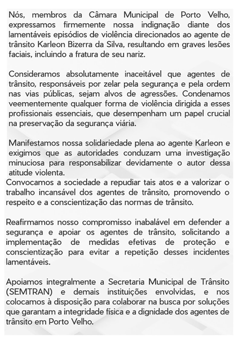 Nota De Repúdio contra atos de violência aos agentes de trânsito - Câmara Municipal de Porto Velho - News Rondônia