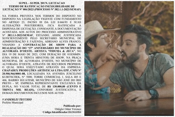 Prefeitura de Alvorada DOeste vai gastar R$ 130 mil para show de dupla sertaneja de São Paulo - News Rondônia