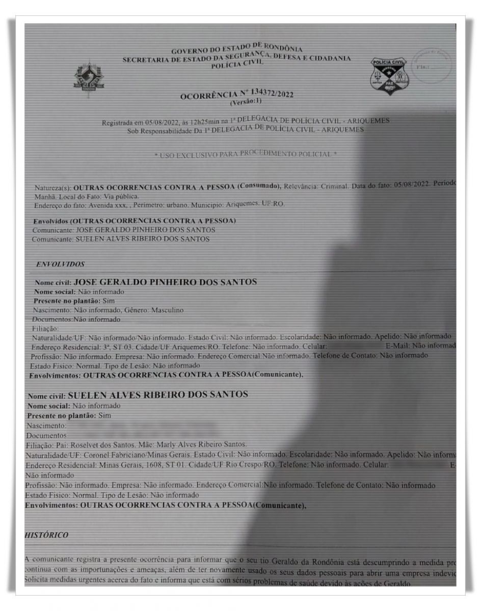Sobrinha do Deputado Geraldo da Rondônia registra Boletim de Ocorrência contra o tio por importunação, ameaças e fraude em seus documentos - News Rondônia