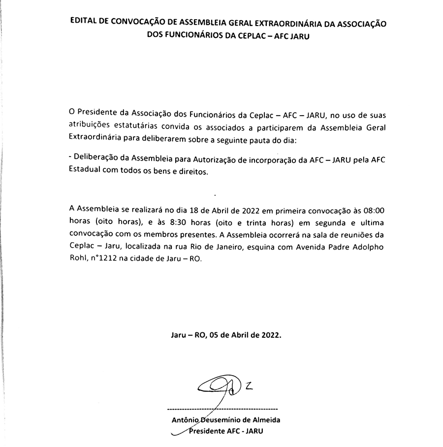 Edital de convocação de Assembléia Geral Extraordinária da Associação dos Funcionários da CEPLAC-AFC JARU - News Rondônia