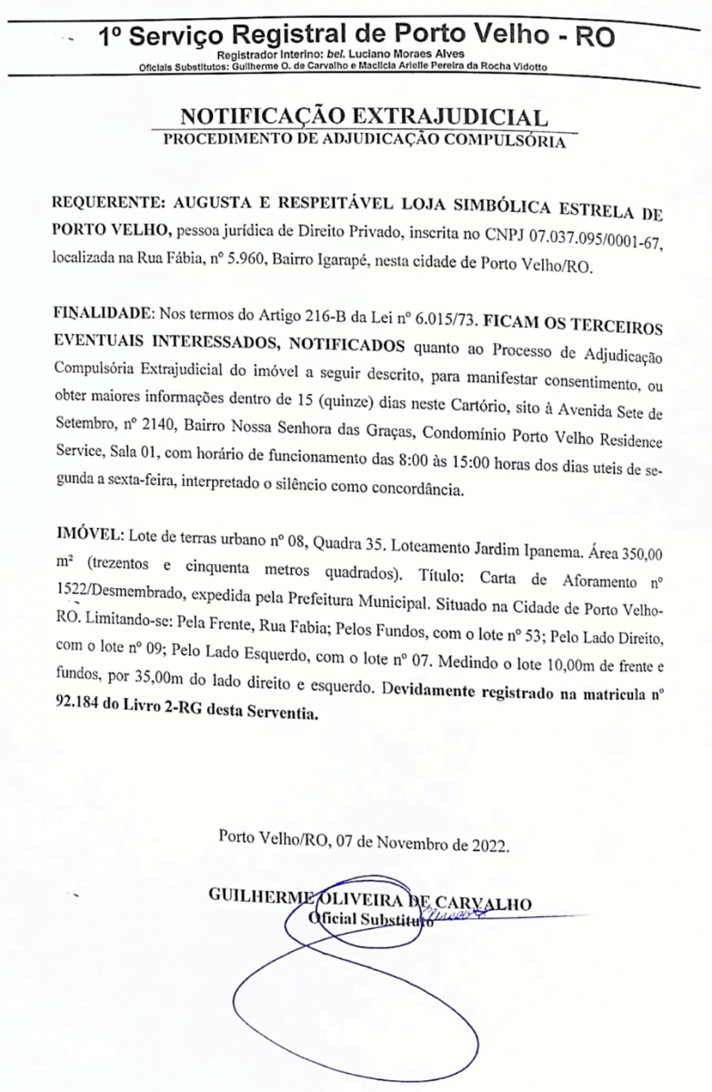 NOTIFICAÇÃO EXTRAJUDICIAL: PROCEDIMENTO DE ADJUDICAÇÃO COMPULSÓRIA - News Rondônia
