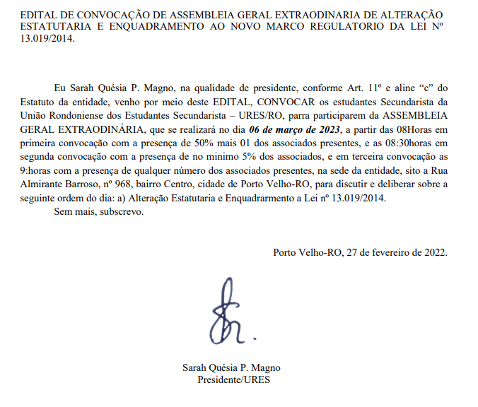EDITAL DE CONVOCAÇÃO DE ASSEMBLEIA GERAL EXTRAORDINÁRIA - URES/RO - News Rondônia