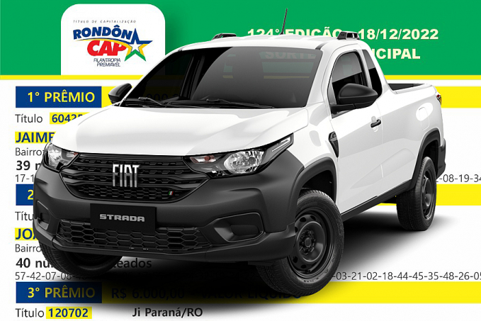 É de Porto Velho o ganhador da Fiat Strada sorteada no domingo no Rondôncap; Foram mais de 100 mil reais em prêmios - News Rondônia