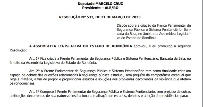 Resoluções da Bancada da Bala e da Defesa do Agronegócio são publicadas no Diário Oficial da ALE-RO - News Rondônia