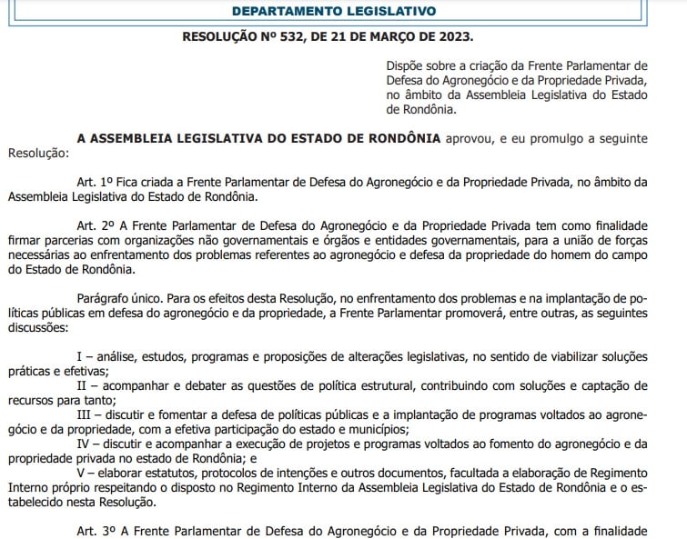 Resoluções da Bancada da Bala e da Defesa do Agronegócio são publicadas no Diário Oficial da ALE-RO - News Rondônia