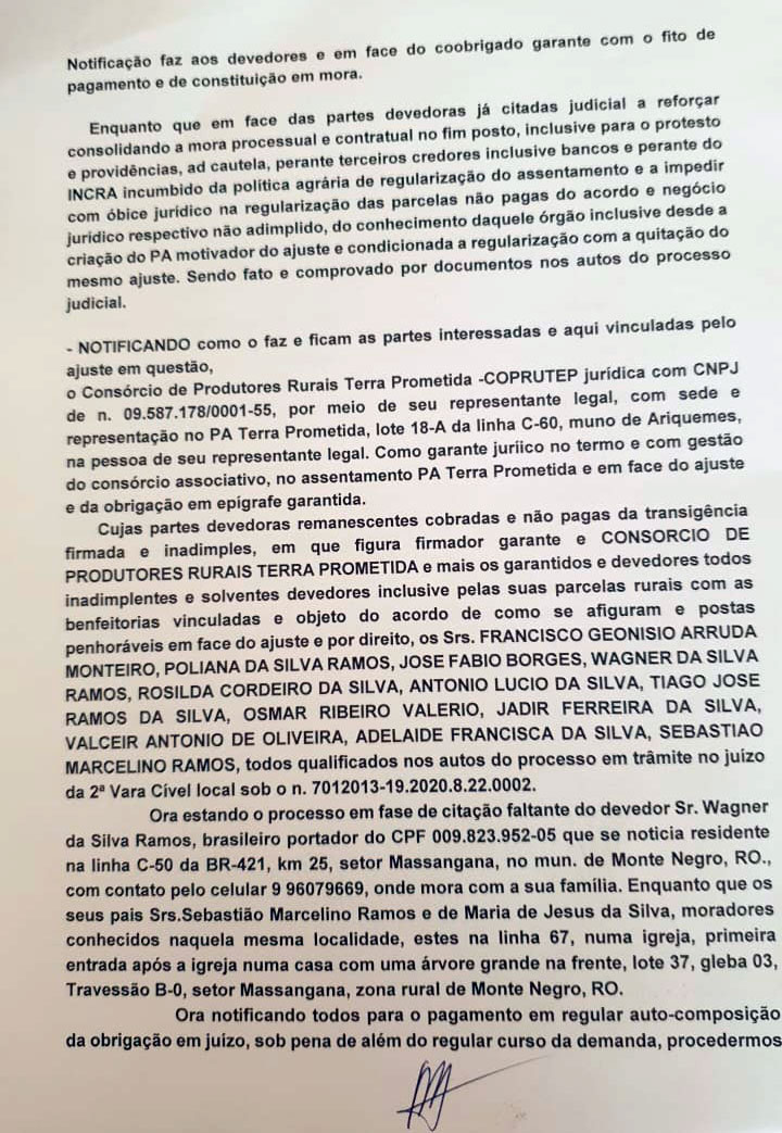 Notificação faz aos devedores e em face do coobrigado garante com fito de pagamento e de constituição em mora - News Rondônia