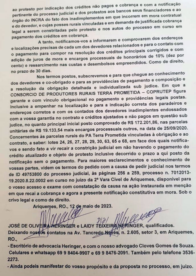 Notificação faz aos devedores e em face do coobrigado garante com fito de pagamento e de constituição em mora - News Rondônia