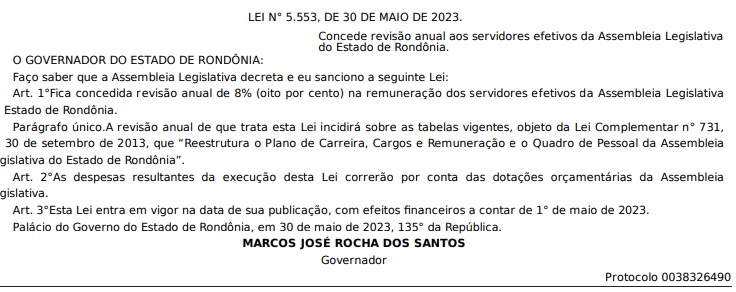 Em decreto, governador Marcos Rocha concede revisão de 8% nos salários dos servidores efetivos da Assembleia Legislativa - News Rondônia